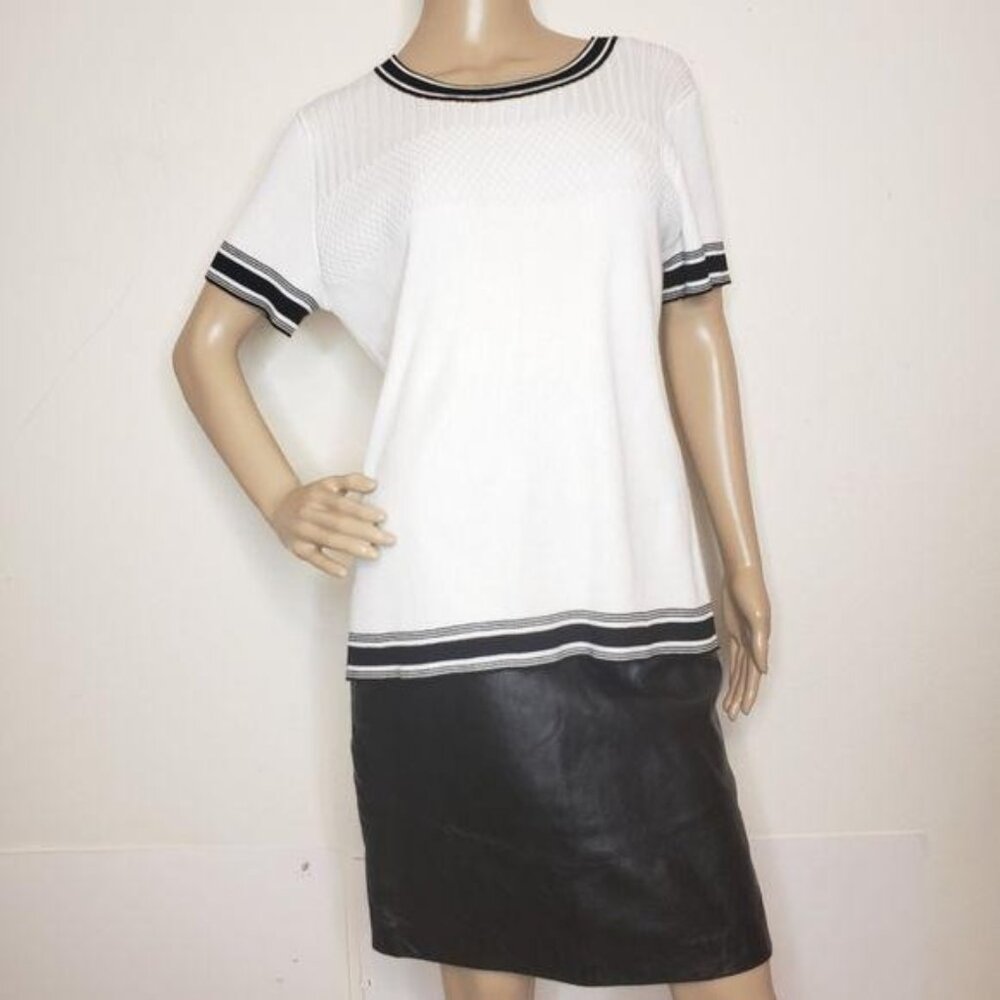 Karl Lagerfeld Paris NWT White & Black Knit Short-Sleeve Top Ribbed Trim Detail - Picture 8 of 12